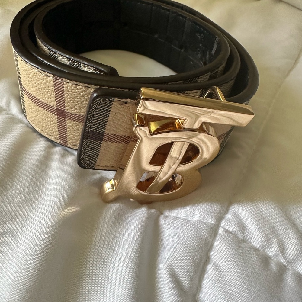Gold Monogram Buckle Plaid Belt